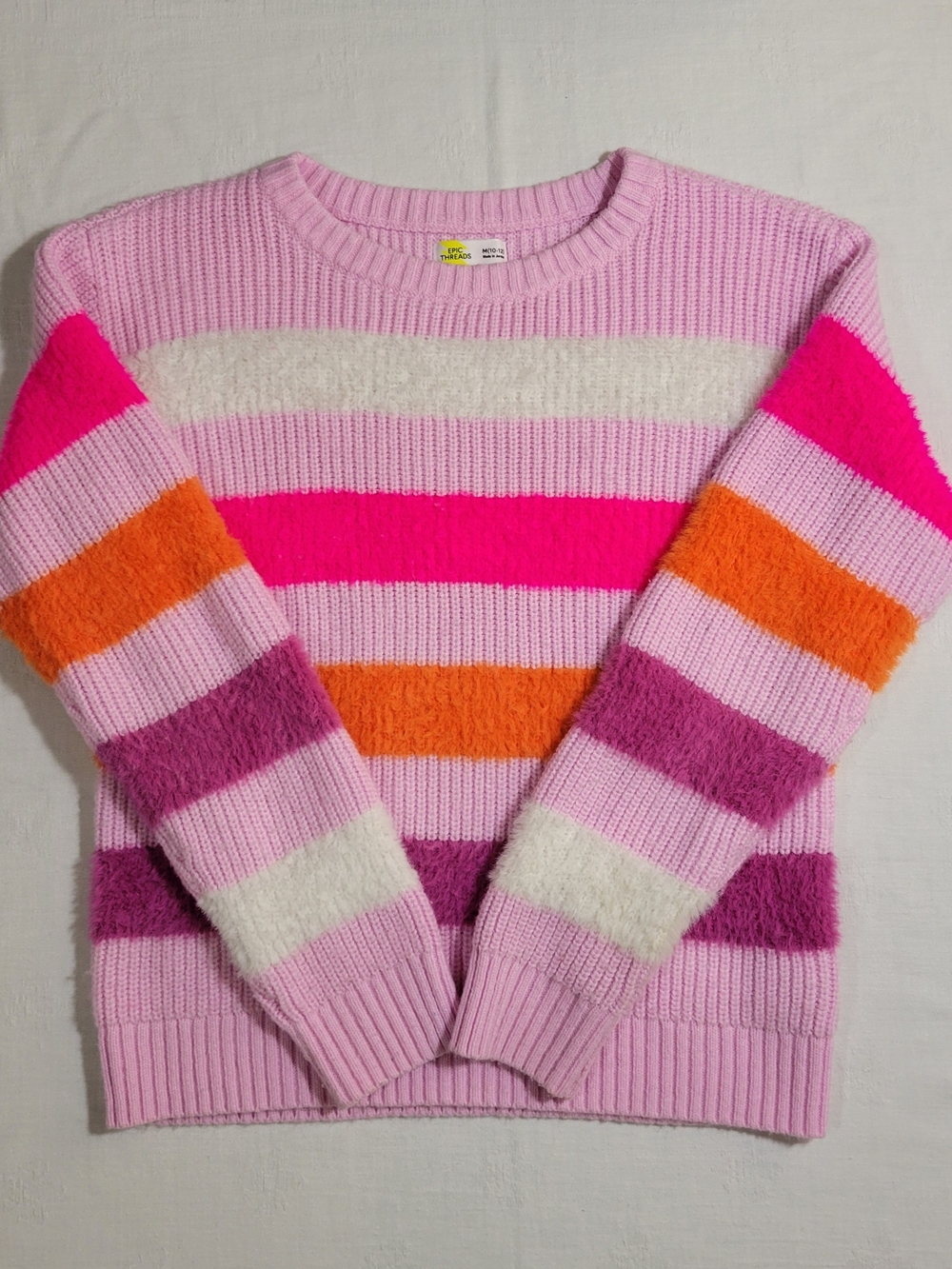 Epic Threads (Girl's M 10-12) Striped Pink Multi-Color Crewneck Sweater